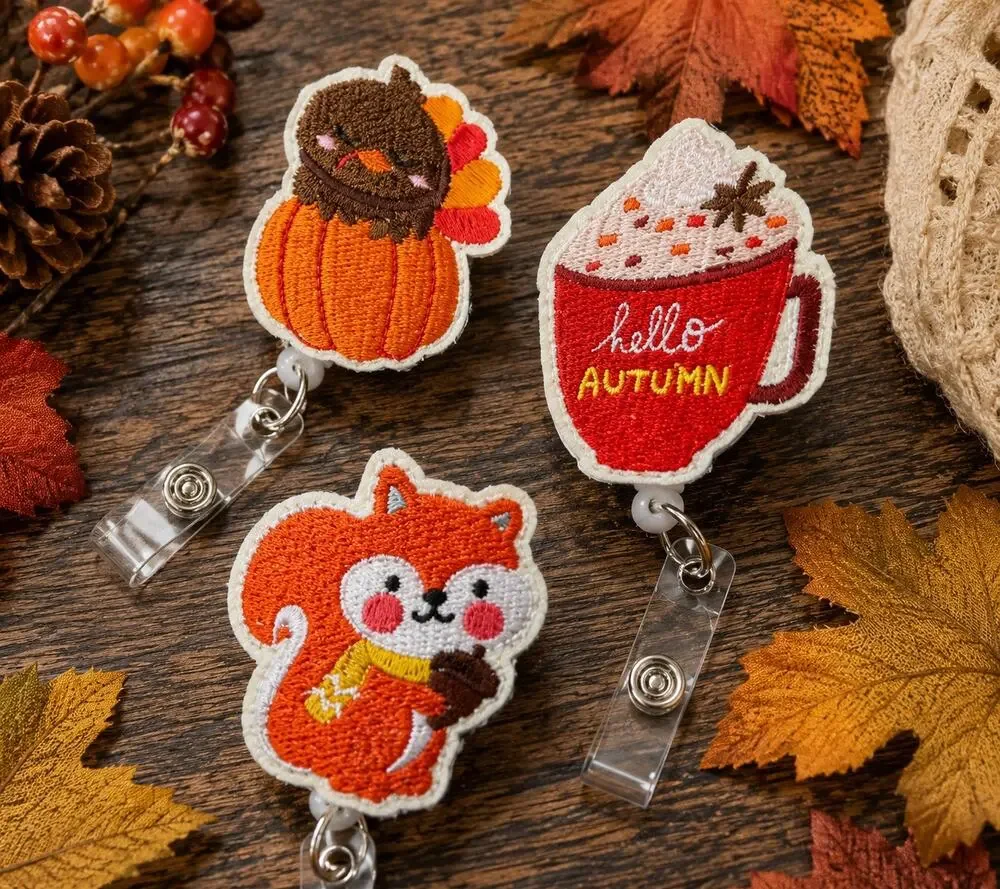 3 Pc Fall Thanksgiving Retractable Badge Reel Set Pumpkin Squirrel ID Holder